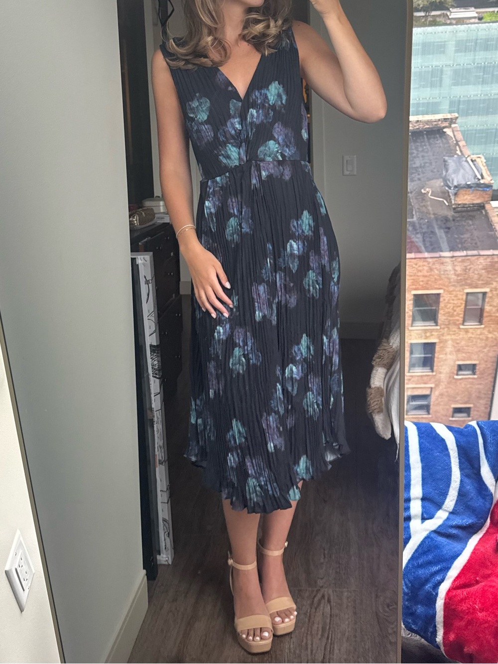 Vince Black Sleeveless Floral Midi Dress with Blue-Green Print